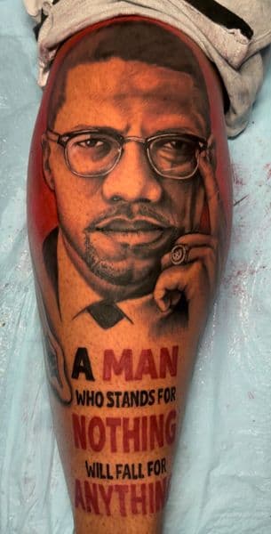 Realism + Black & Grey malcolm x tattoo on Calf by l_allen_tattoos on TattMe