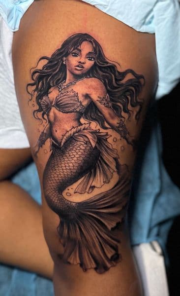 Black & Grey + Illustrative mermaid tattoo on Thigh by l_allen_tattoos on TattMe