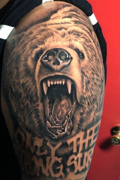 Realism + Black & Grey bear tattoo on Upper Arm by l_allen_tattoos on TattMe