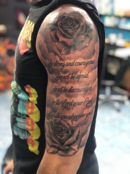 Black & Grey + Realism roses tattoo on Upper Arm by l_allen_tattoos on TattMe