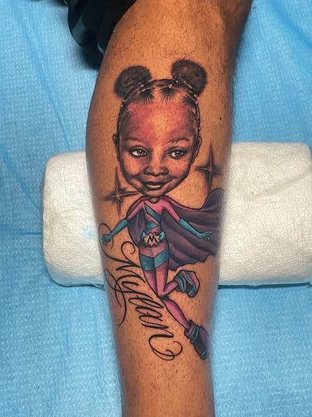 Illustrative + Color girl tattoo on Calf by l_allen_tattoos on TattMe
