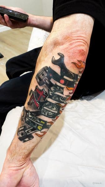 Traditional + New School pistons tattoo on Forearm by 008ink on TattMe