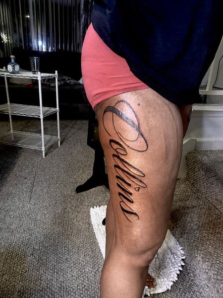 Lettering + Script collins tattoo on Thigh by 008ink on TattMe