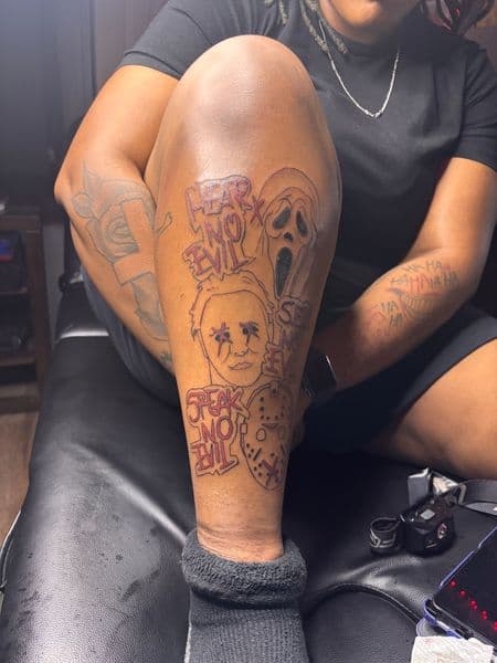 Pop Culture + Illustrative ghostface tattoo on Shin by _hoatatted.me on TattMe