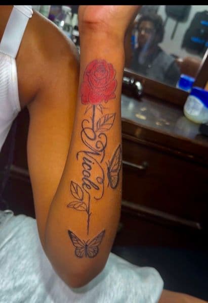 Floral + Lettering rose tattoo on Forearm by _hoatatted.me on TattMe