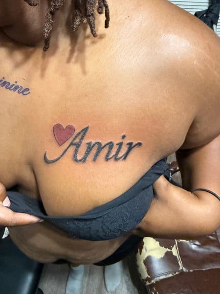 Lettering + Script name tattoo on Sternum by _hoatatted.me on TattMe