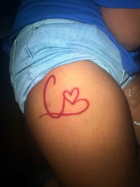 Fine Line + Minimalist letter tattoo on Thigh by _hoatatted.me on TattMe