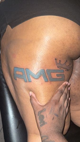 Lettering + Color lettering tattoo on Thigh by _hoatatted.me on TattMe