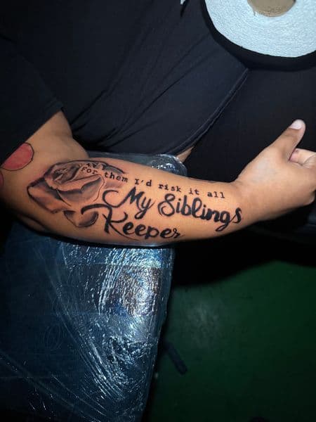 Black & Grey + Lettering rose tattoo on Forearm by _hoatatted.me on TattMe