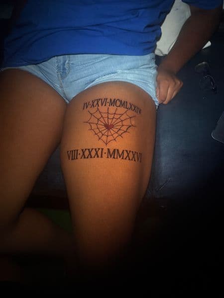 Line-work + Black-work spiderweb tattoo on Thigh by _hoatatted.me on TattMe