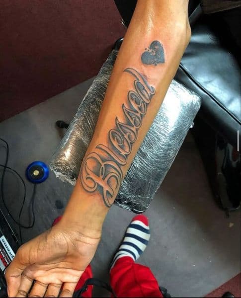 Script + Black & Grey blessed tattoo on Forearm by 8balltattoo on TattMe