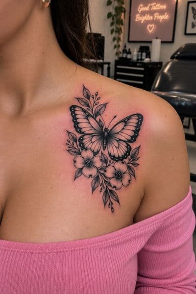 Fine Line + Black & Grey butterfly tattoo on Shoulder by INKLUX on TattMe