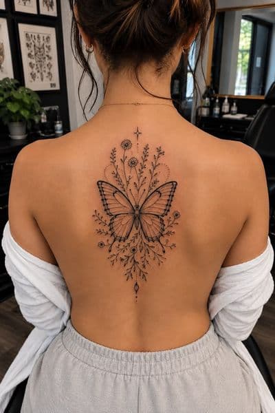 Fine Line + Black-work butterfly tattoo on Upper Back by INKLUX on TattMe