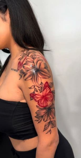 Fine Line + Black & Grey butterflies tattoo on Shoulder by INKLUX on TattMe