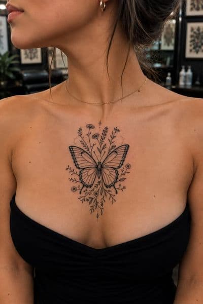 Fine Line + Black-work butterfly tattoo on Sternum by INKLUX on TattMe