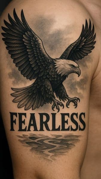 Black & Grey + Illustrative eagle tattoo on Upper Arm by INKLUX on TattMe