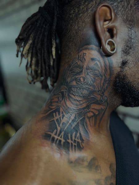 Black & Grey + Illustrative joker tattoo on Neck (Side) by tatt__artistkey on TattMe
