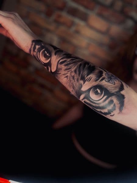 Realism + Black & Grey tiger tattoo on Forearm by tatt__artistkey on TattMe