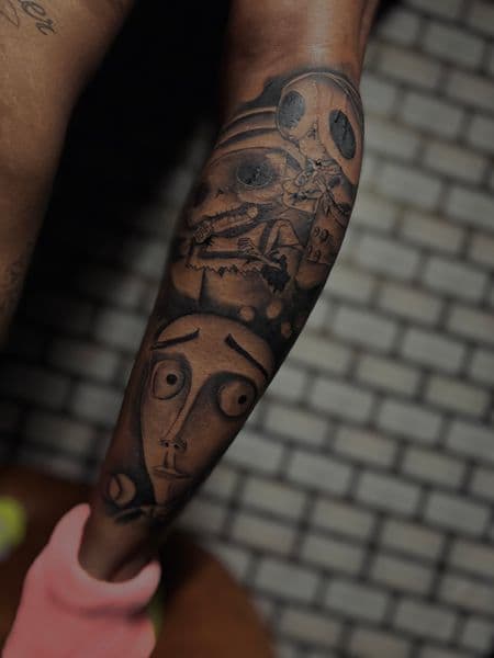 Black & Grey + Illustrative tim burton tattoo on Calf by tatt__artistkey on TattMe