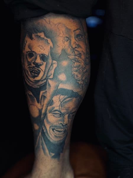 Black & Grey + Realism leatherface tattoo on Calf by tatt__artistkey on TattMe