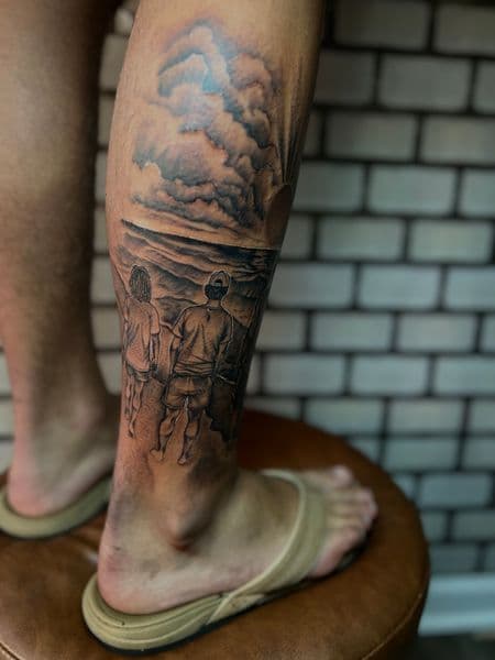 Black & Grey + Illustrative people tattoo on Calf by tatt__artistkey on TattMe