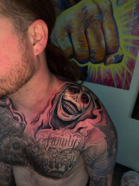 Black & Grey + Illustrative face tattoo on Shoulder by tatsbyallen on TattMe