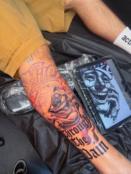 Black & Grey + Chicano mask tattoo on Forearm by tatsbyallen on TattMe