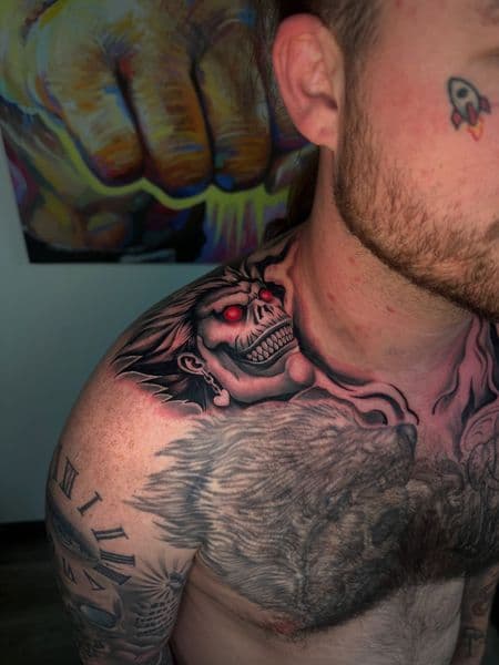 Black & Grey + Illustrative skull tattoo on Shoulder by tatsbyallen on TattMe