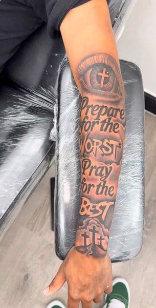 Black & Grey + Lettering eye tattoo on Forearm by jayden on TattMe