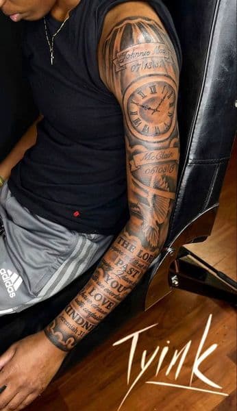 Black & Grey + Realism clock tattoo on Full Sleeve by Jennifer_Lopez_ on TattMe