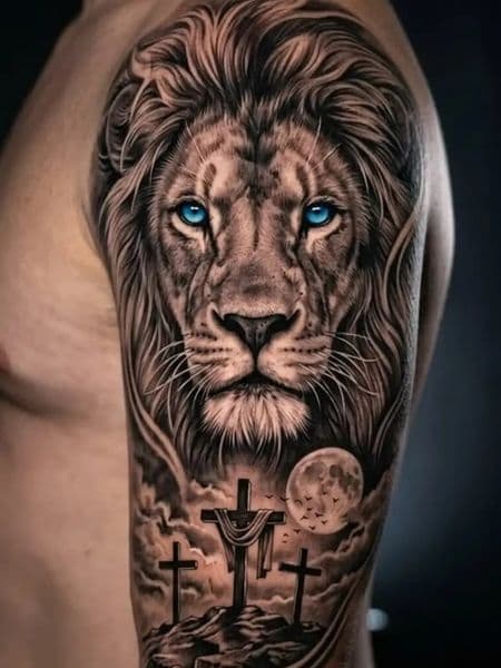 Realism + Black & Grey lion tattoo on Upper Arm by Jennifer_Lopez_ on TattMe