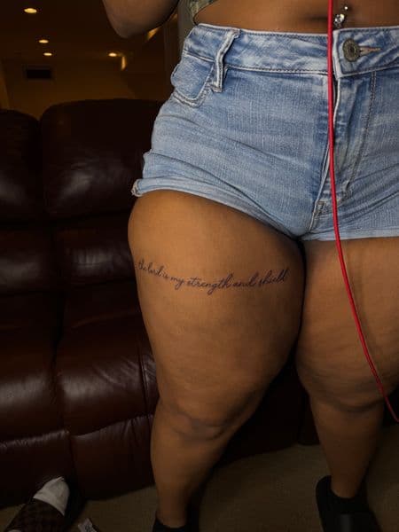 Lettering + Script text tattoo on Thigh by itattyedyabihh on TattMe