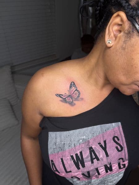 Color + Dot-work butterfly tattoo on Shoulder by itattyedyabihh on TattMe