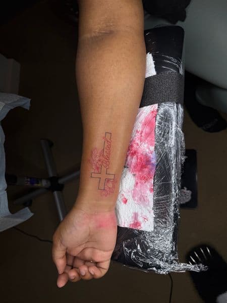 Line-work + Lettering cross tattoo on Forearm by itattyedyabihh on TattMe