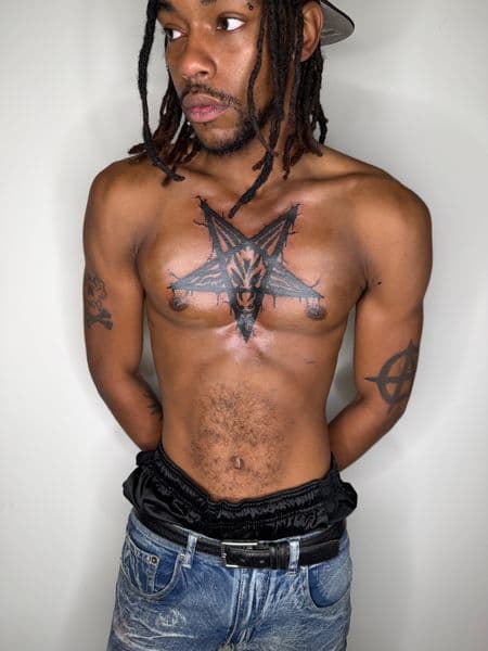 Black-work + Illustrative pentagram tattoo on Chest by itattyedyabihh on TattMe