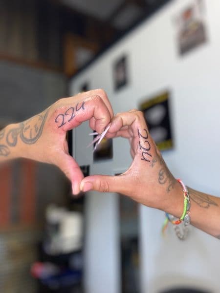 Lettering + Black-work numbers tattoo on Fingers by Dcmbrs_finest on TattMe