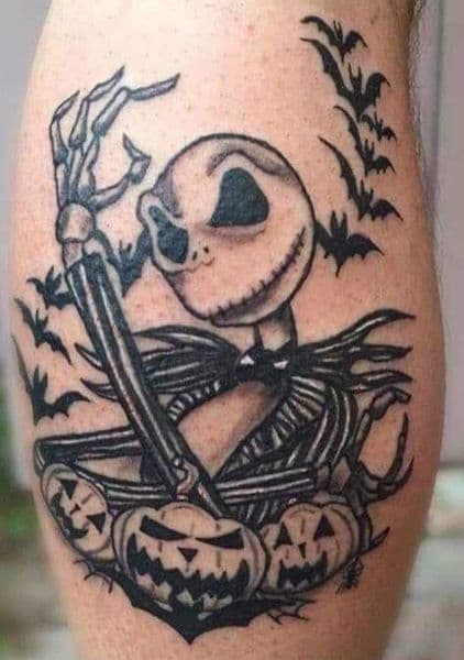 Black & Grey + Illustrative jack skellington tattoo on Calf by Dcmbrs_finest on TattMe