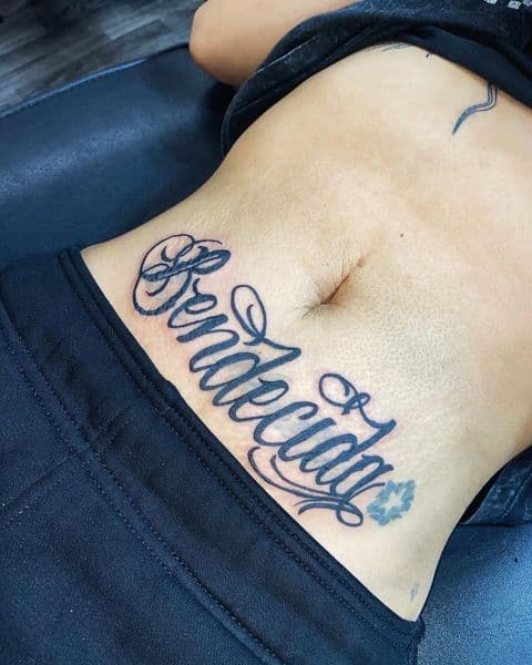 Lettering + Script lettering tattoo on Stomach by Dcmbrs_finest on TattMe
