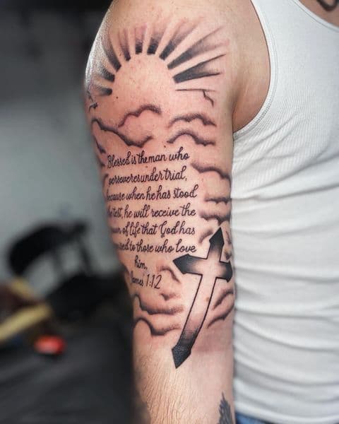 Black & Grey + Lettering sun tattoo on Upper Arm by Dcmbrs_finest on TattMe