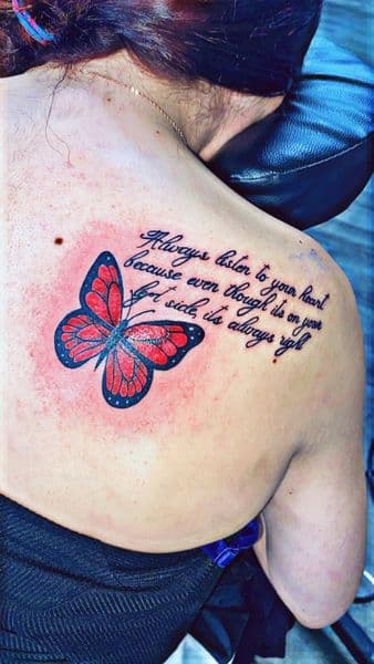 Script + Lettering butterfly tattoo on Shoulder Blade by Dcmbrs_finest on TattMe