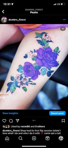 Color + Illustrative roses tattoo on Thigh by Dcmbrs_finest on TattMe