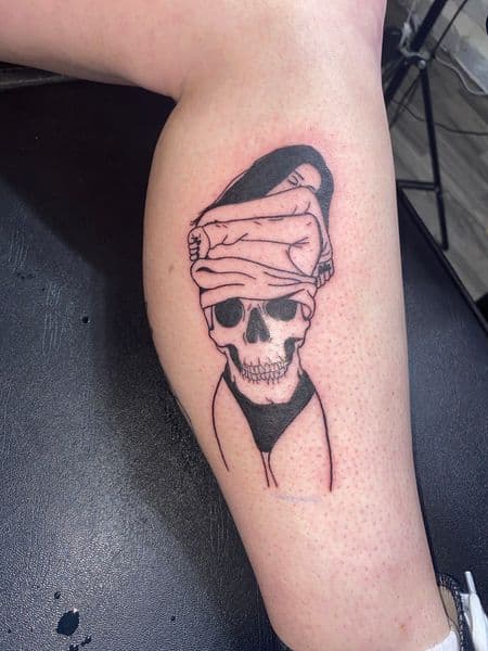 Black-work + Illustrative skull tattoo on Calf by Dcmbrs_finest on TattMe
