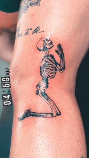 Black & Grey + Dot-work skeleton tattoo on Knee by Dcmbrs_finest on TattMe