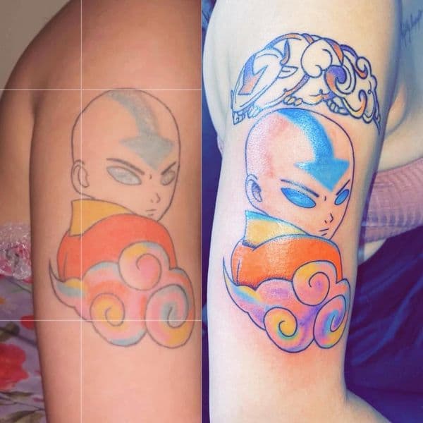 Anime + Color aang tattoo on Upper Arm by Dcmbrs_finest on TattMe