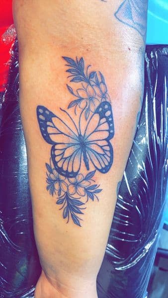Floral + Color butterfly tattoo on Thigh by Dcmbrs_finest on TattMe