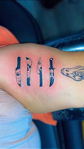 Fine Line + Minimalist knives tattoo on Upper Arm by Dcmbrs_finest on TattMe