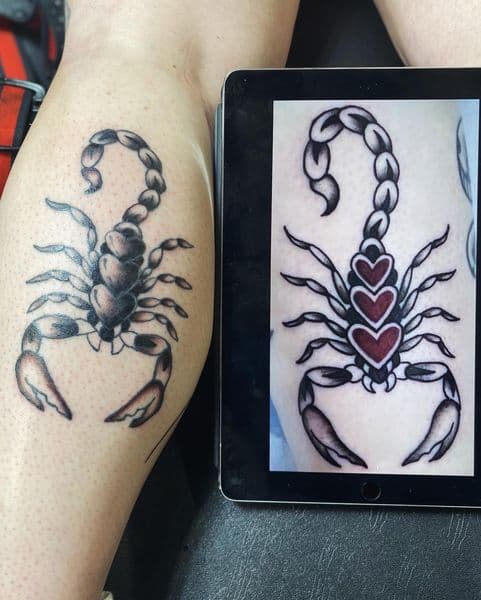 Black & Grey + Illustrative scorpion tattoo on Calf by Dcmbrs_finest on TattMe