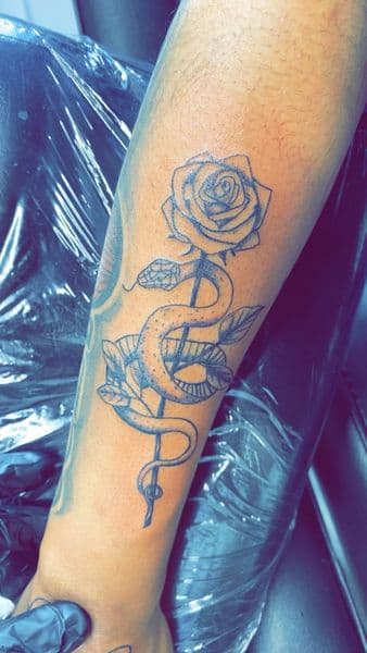 Fine Line + Black-work snake tattoo on Forearm by Dcmbrs_finest on TattMe