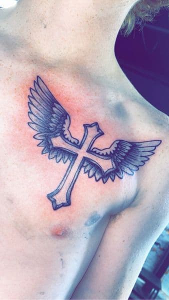 Black & Grey + Illustrative cross tattoo on Chest by Dcmbrs_finest on TattMe
