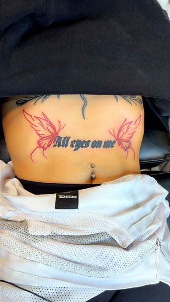 Lettering + Black-work lettering tattoo on Stomach by Dcmbrs_finest on TattMe